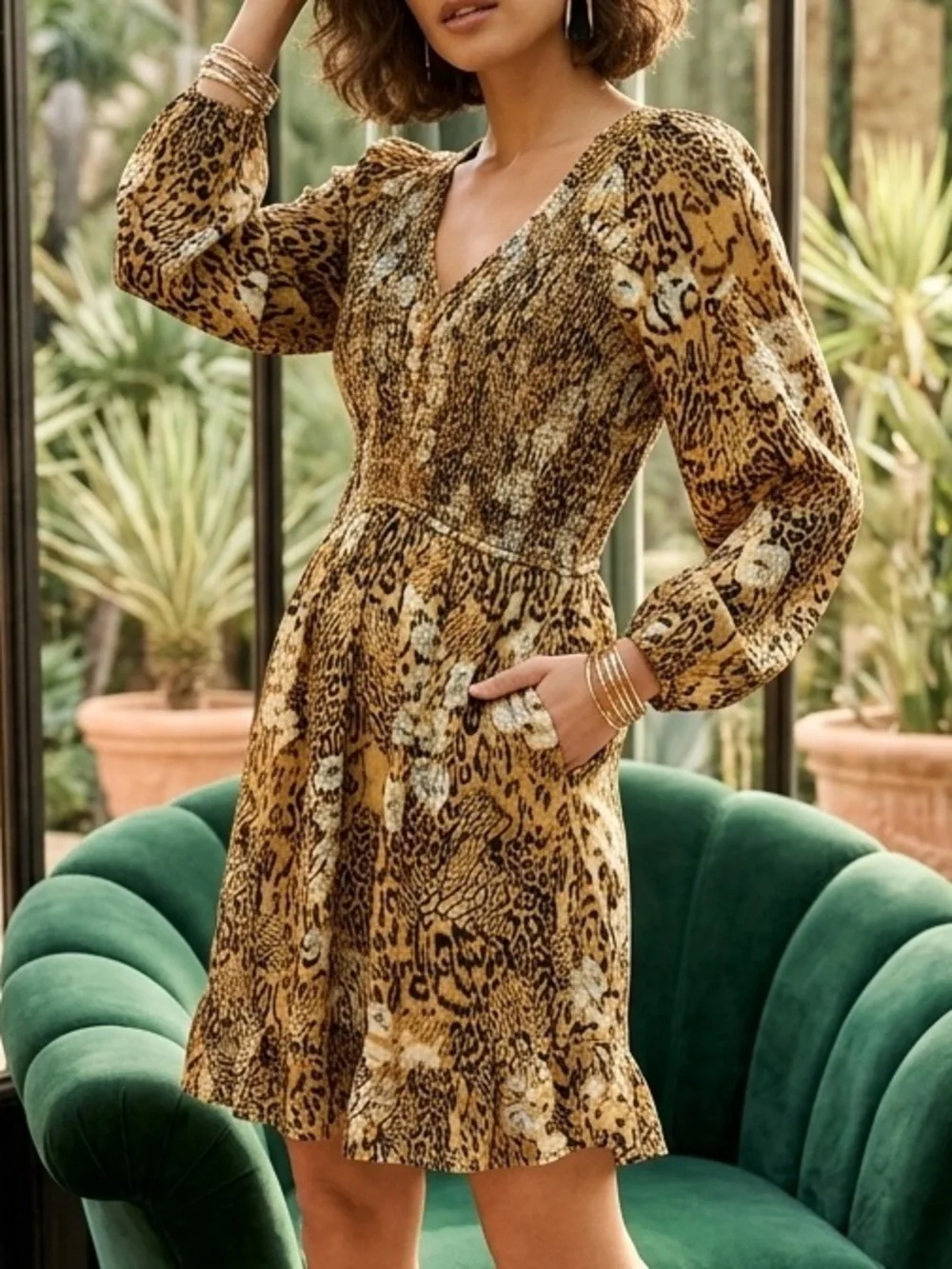 JODIFL NWT Amber Leopard Print V-Neck Long Sleeve Dress